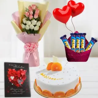 10 pink and white roses bouquet , half kg premium quality orange  cake , 2 heart shape balloons, pack of 5 perk chocolates with greeting card 
