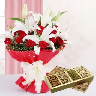 Beautiful bunch of white lilies&red roses with half kg assorted dryfruits