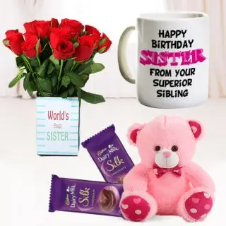 Vase arrangement of 10 red roses, photo mug , 6 inch pink teddybear with set of 2 dairy milk silk 