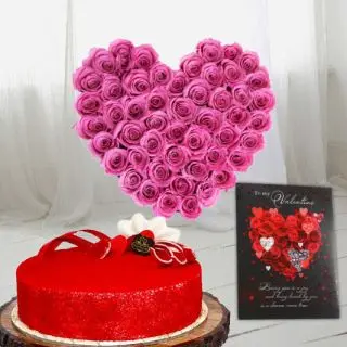 40 pink roses heart shape arrangement , half kg red velvet cake with valentine Greeting card 