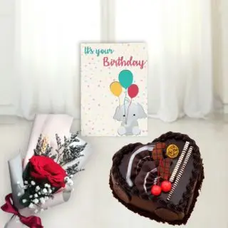 2 kg chocolate delight heart shape cake, single red rose, birthday card 