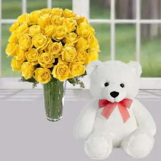 30 yellow roses vase arrangement with a nice 1 feet height teddy bear