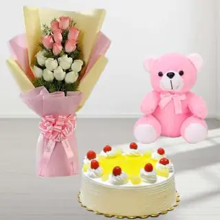 bunch of 12 pink and white roses, with pineapple cool cake with 6 inch pink teddybear 