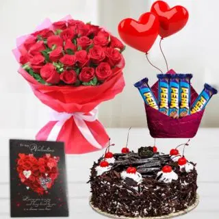15 Red carnations  bouquet , half kg premium quality black forest cake  , 2 heart shape balloons, pack of 5 perk chocolates with greeting card 