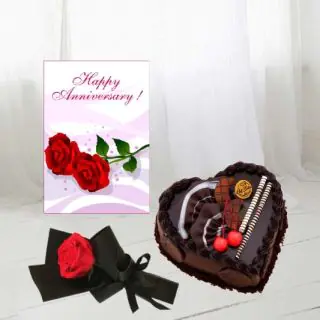 2 kg chocolate delight heart shape cake, single red rose, anniversary  card 
