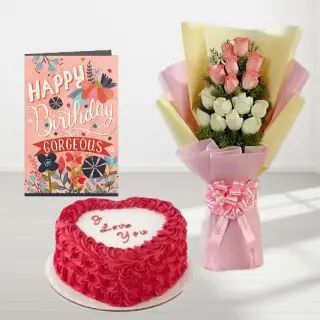 Bunch of 15 pink and white roses, heart shape red velvet floral theme cake, birthday greeting card 