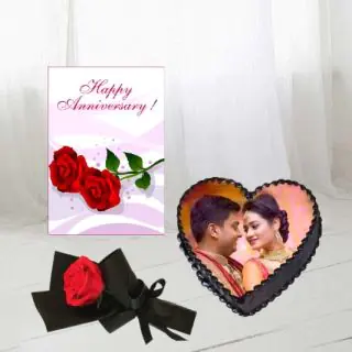 single red rose, 1 kg heart shape chocolate photo cake, anniversary card 