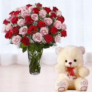 vase Arrangement of 50 red and pink roses with 1 feet height teddy bear 