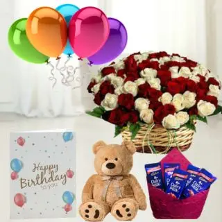 Basket of 30 red and white roses,  6 inch teddybear, set of 5 dairy milk chocolates, birthday greeting card with 5 blown balloons