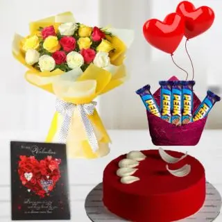 Bunch of 10 mix roses , half kg red velvet cake,  2 heart shape balloons, pack of 5 perk chocolates with greeting card