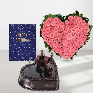 Heart shape arrangement of 40 pink roses, heart shape double chocolate cake, birthday greeting card 