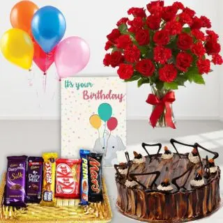 Vase arrangement of 20 red roses with red carnations , irish chocolate cool cake, basket of assorted chocolates, birthday Greeting card, with 5 blown balloons