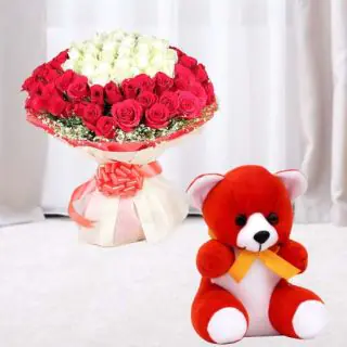100 red and white roses Big Bouquet with cute 6 inch red teddy bear 
