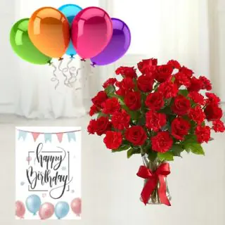 vase arrangement of 20 red roses with red carnations, bunch of 5 mix color balloons with birthday card