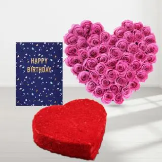 Heart shape arrangement of 30 pink roses, heart shape red velvet cake, birthday greeting card 