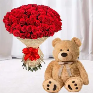 Big beautiful bunch of 100 red roses with 1 feet height cute teddy bear 