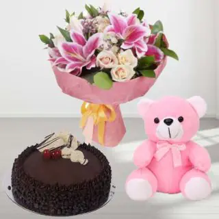 Bunch of exotic mix flowers with 6 inch pink teddybear with chocolate chips cake 