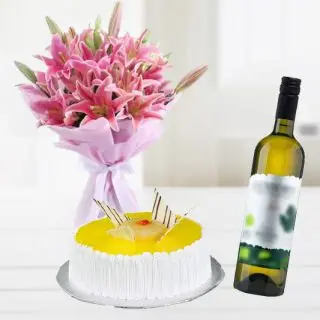 Bouquet  of 5 pink oriental lilies with premium quality pineapple cake with bottle of white wine
