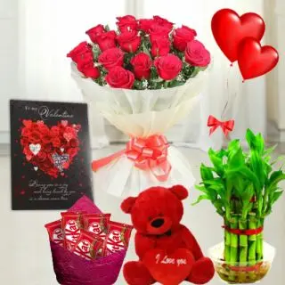  Bunch of 15 red roses, set of 3  dairy milk silk chocolates, 6 inch height teddybear, 2 layer Lucky bamboo plant, 5 blown balloons with greeting card 