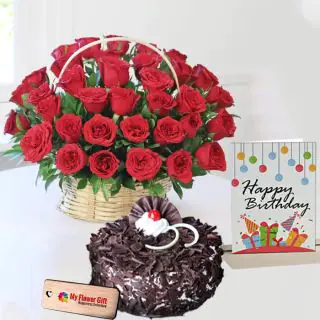 20 red roses basket with half kg black forest cake with birthday card 