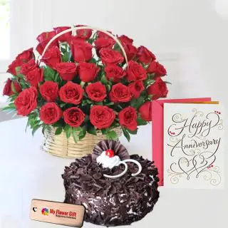 20 red roses basket with half kg black forest cake with anniversary card 