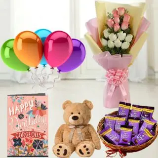 Bunch of 15 pink and white roses,  6 inch teddybear, Basket of  dairy milk chocolates, birthday greeting card with 5 blown balloons 