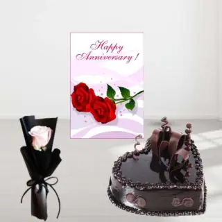 2 kg heart shape chocolate fantasy cake, single white rose, anniversary card 