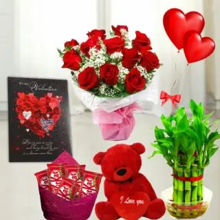Bunch of 10 red roses, set of 3  dairy milk silk chocolates, 6 inch height teddybear, 2 layer Lucky bamboo plant, 5 blown balloons with greeting card 