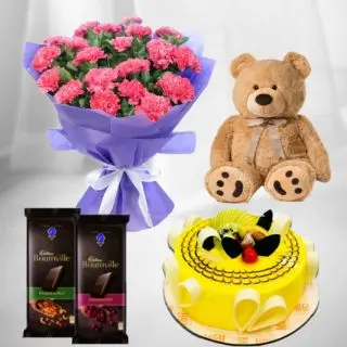 Bunch of 10 pink carnation with pair of 2 bournville dark chocolates with premium quality pineapple cake with 1 feet height brown teddybear 