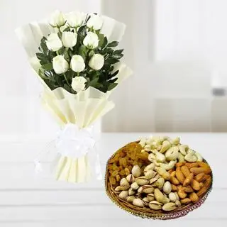 Bunch of 12 white roses with 1 kg assorted dryfruits basket 
