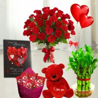 Beautiful vase arrangement of 20 red roses with carnations, set of 3  dairy milk silk  chocolates, 6 inch height teddybear, 2 layer Lucky bamboo plant, 5 blown balloons with greeting card 