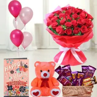 Bunch of 20 red roses,  6 inch teddybear, Basket of 7  dairy milk silk chocolates with 2  Fivestar,birthday  greeting card with 5 blown balloons
