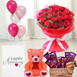 Bunch of 20 red roses,  6 inch teddybear, Basket of 7  dairy milk silk chocolates with 2  Fivestar, anniversary   greeting card with 5 blown balloons