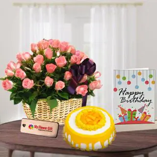 20 pink roses basket with half kg mango cake with birthday card 
