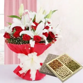 Bunch of white lilies with red carnations with half kg assorted dryfruits 