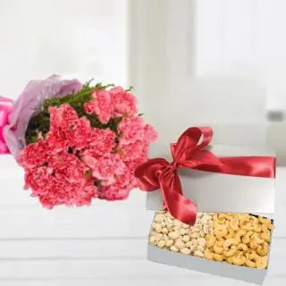Bunch of 15 red carnations with a basket of 1Kg  cashew & pisctachio