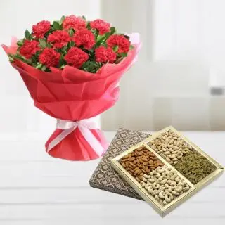 Bunch of 15 red carnations with box of assorted dryfruits