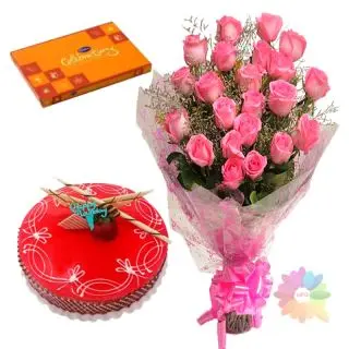 Bunch of 20 pink roses with strawberry fresh cream cake with box of celebrations 