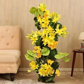 4 feet height arrangement of 30 yellow lilies with 50 yellow roses 