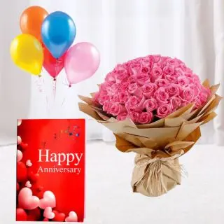 50 pink roses bouquet, anniversary card , 5 blown balloons 