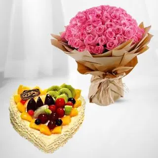 50 pink roses bunch with mix fruit heart shape cool cake 