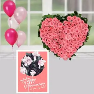 50 pink roses heart shape arrangement, anniversary card, 5 blown balloons