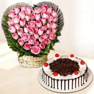 50 pink roses heart shape arrangement with black forest cool cake  