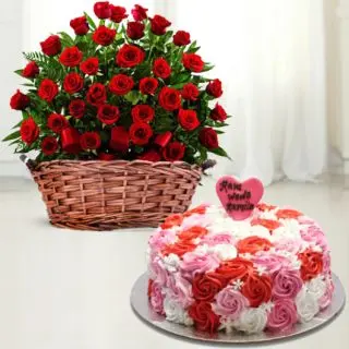 50 red roses basket arrangement with vanilla floral theme cake 