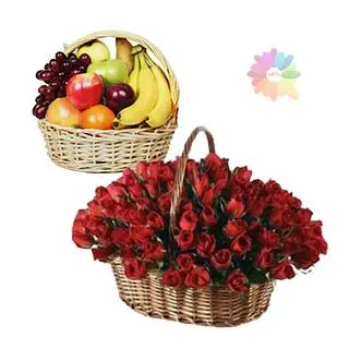 50 red roses basket with 3 kg seasonal fruits basket