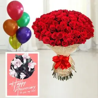 50 red roses bunch , anniversary greeting card , 5 blown balloons