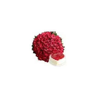 50 red roses bunch with 1 kg heart shape strawberry cake