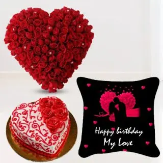 50 red roses heart shape arrangement , 1 kg heart shape floral theme red velvet designer cake, with photo cushion