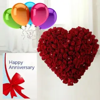 50 red roses heart shape arrangement ,anniversary greeting card , 5 blown balloons 