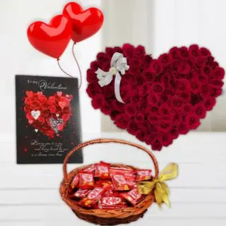 50 red roses heart shape arrangement , greeting card, 2 heart shape balloons , basket of kitkat chocolates 